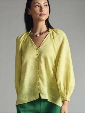 Anthropologie Maeve Linen Pale Yellow Button-Front V-Neck Blouse